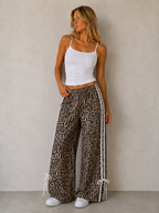 Leopard Print Wide Leg Bow Tie Track Pants