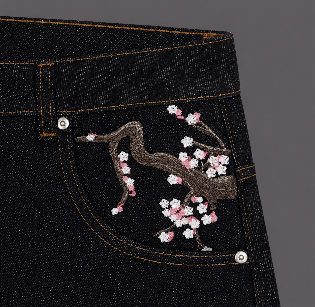 Unisex Y2K Denim Embroidered Cherry Blossom Loose Street Style Jeans