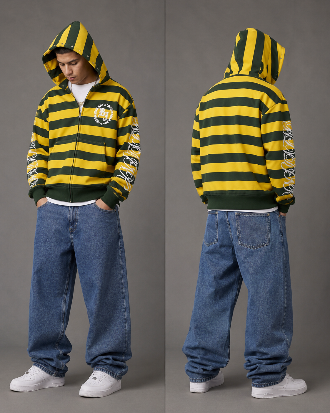 Y2K Green & Yellow Stripped Zip Up Hoodie