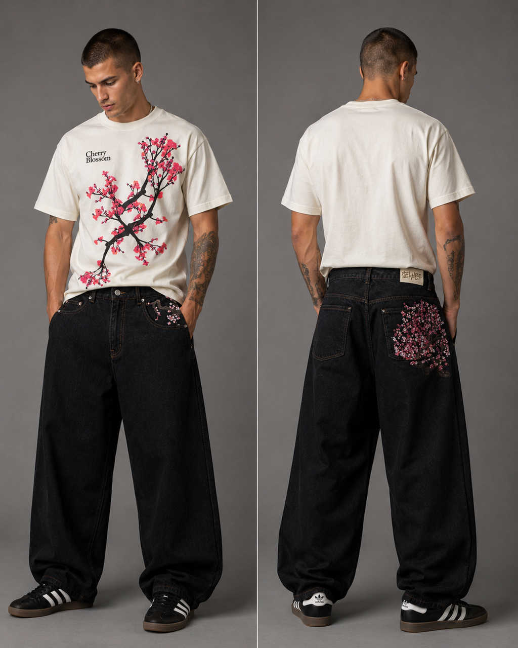 Unisex Y2K Denim Embroidered Cherry Blossom Loose Street Style Jeans