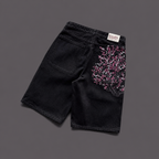 Cherry Blossom Embroidered Denim Jorts – Baggy Dark Wash Y2K Streetwear Shorts