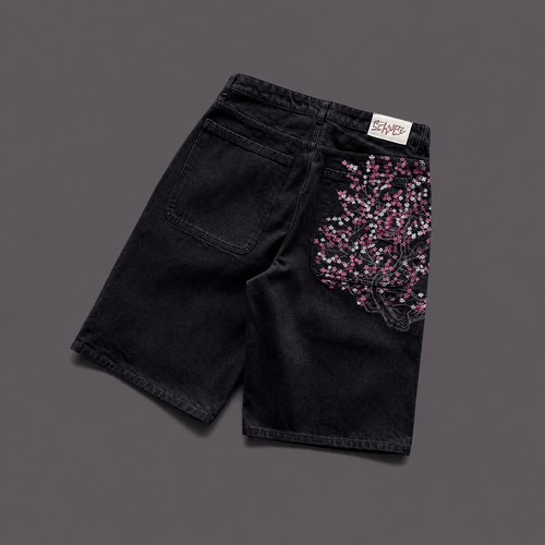 Cherry Blossom Embroidered Denim Jorts – Baggy Dark Wash Y2K Streetwear Shorts