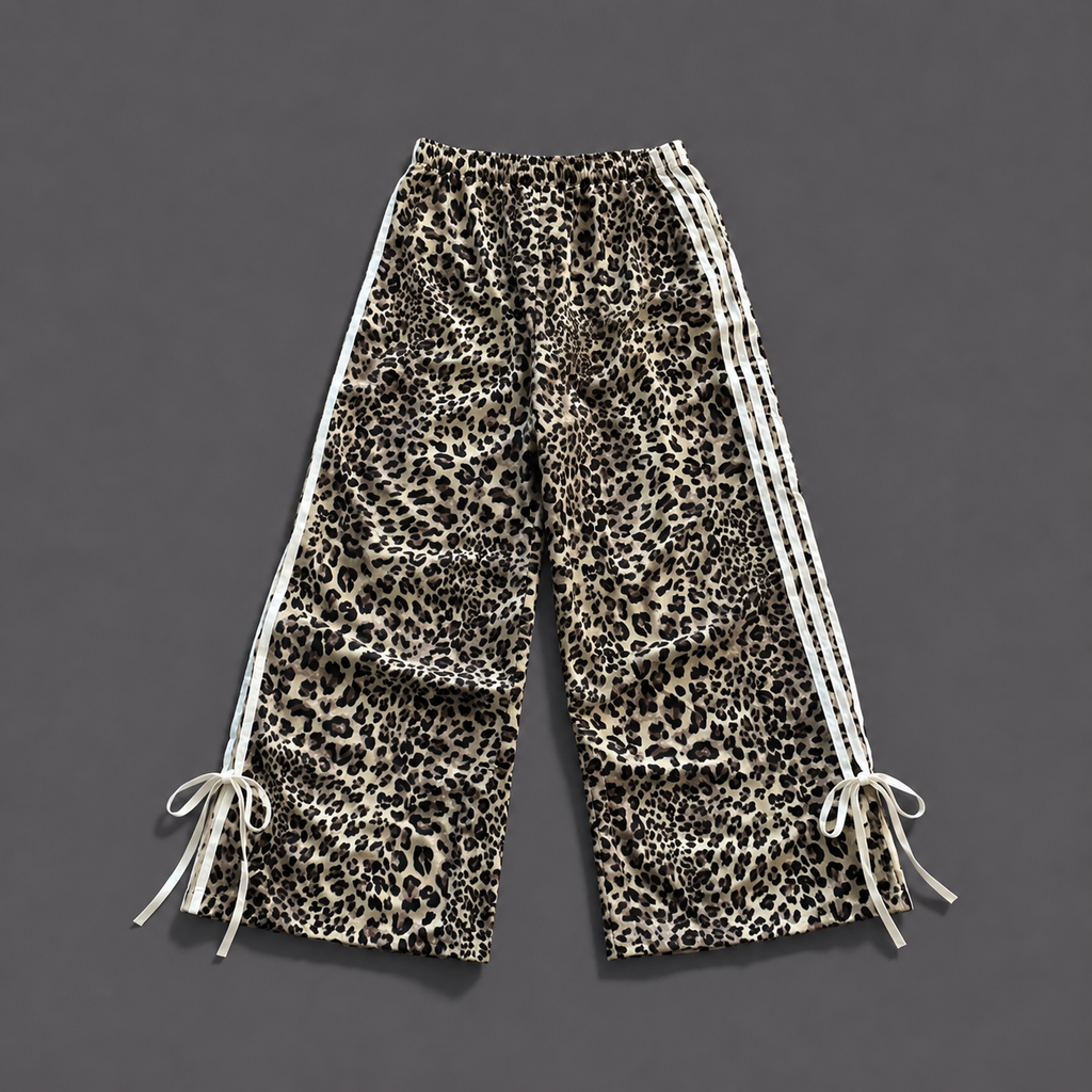 Leopard Print Wide Leg Bow Tie Track Pants