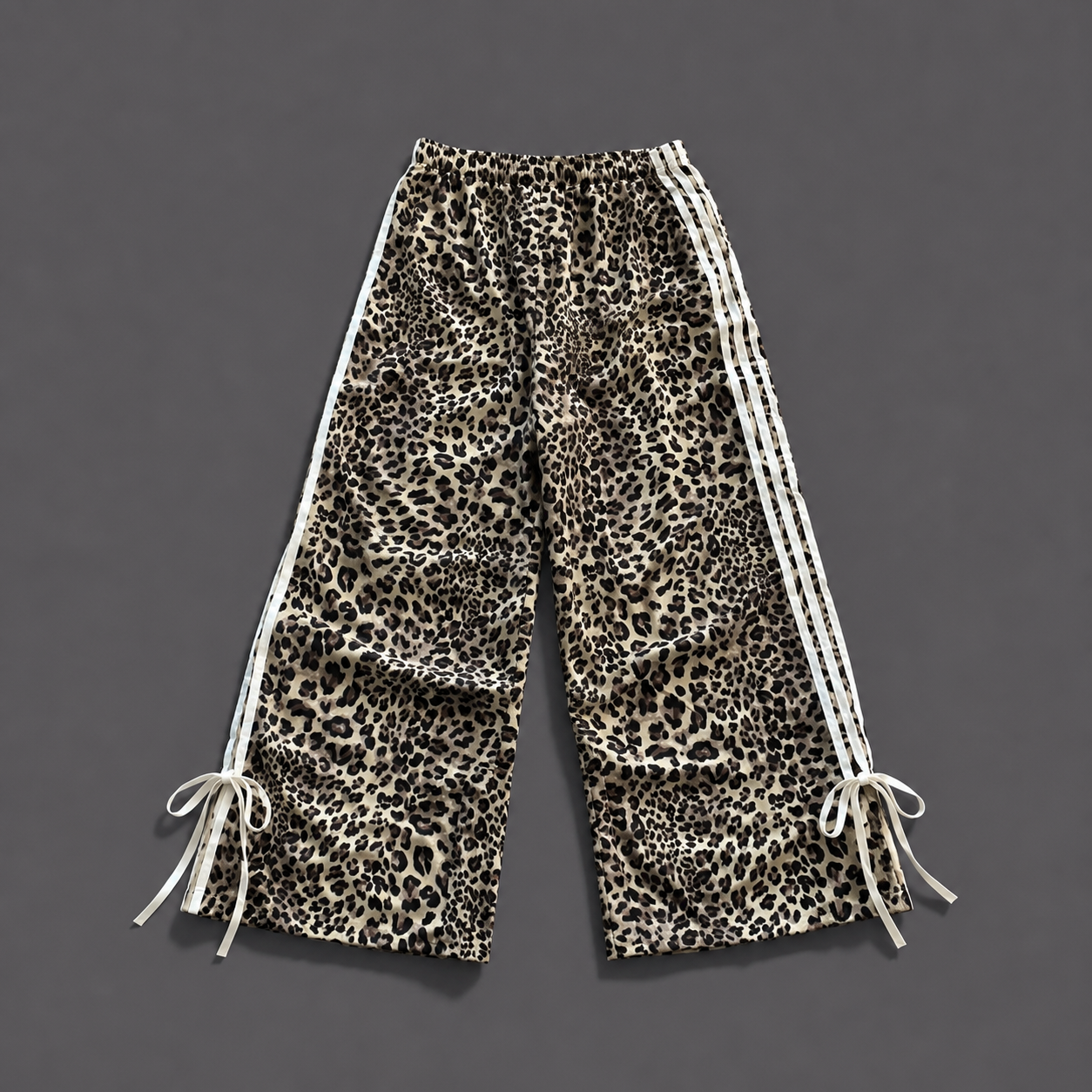 Leopard Print Wide Leg Bow Tie Track Pants