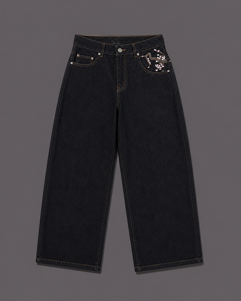 Unisex Y2K Denim Embroidered Cherry Blossom Loose Street Style Jeans