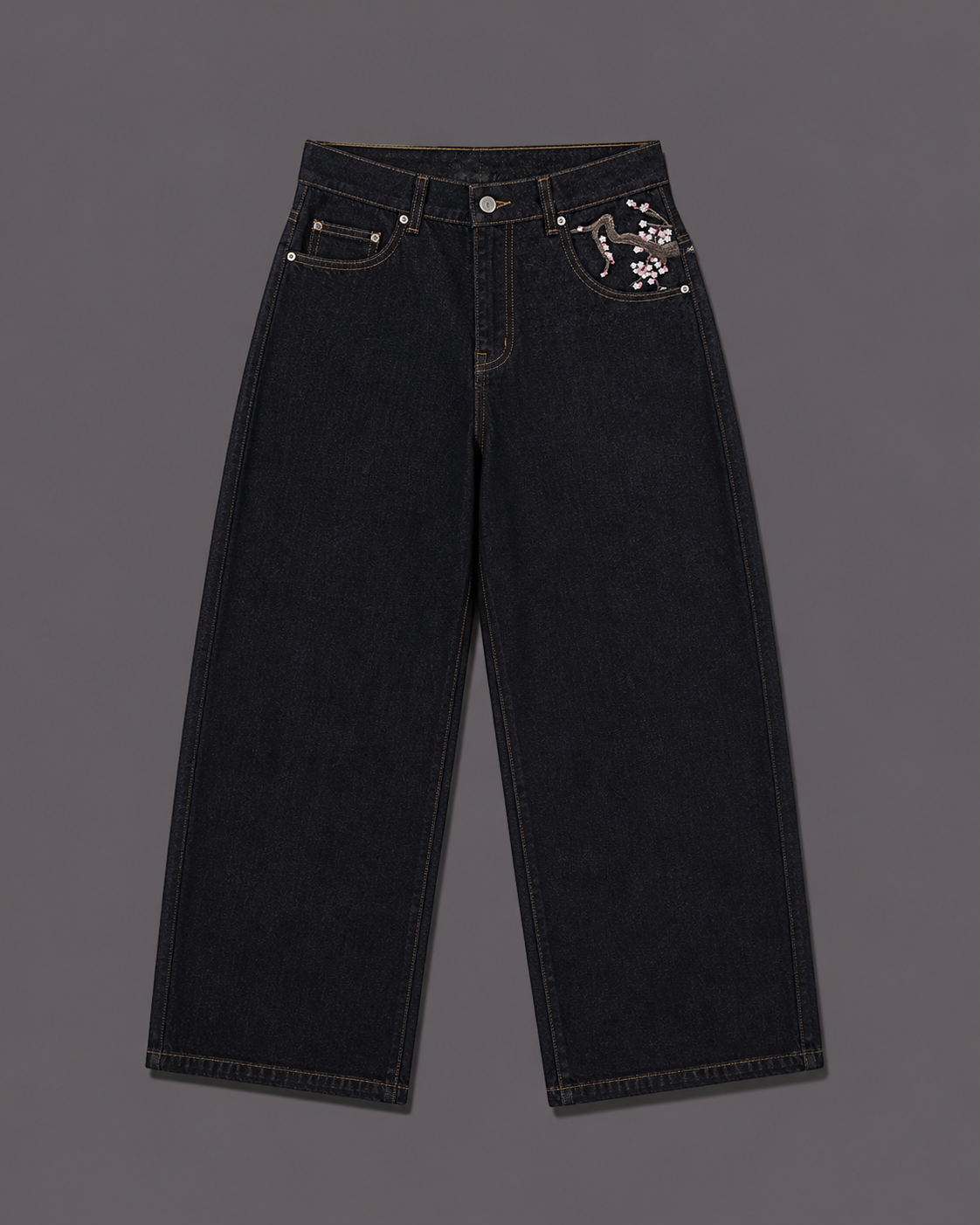 Unisex Y2K Denim Embroidered Cherry Blossom Loose Street Style Jeans