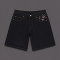 Cherry Blossom Embroidered Denim Jorts – Baggy Dark Wash Y2K Streetwear Shorts