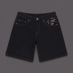 Cherry Blossom Embroidered Denim Jorts – Baggy Dark Wash Y2K Streetwear Shorts