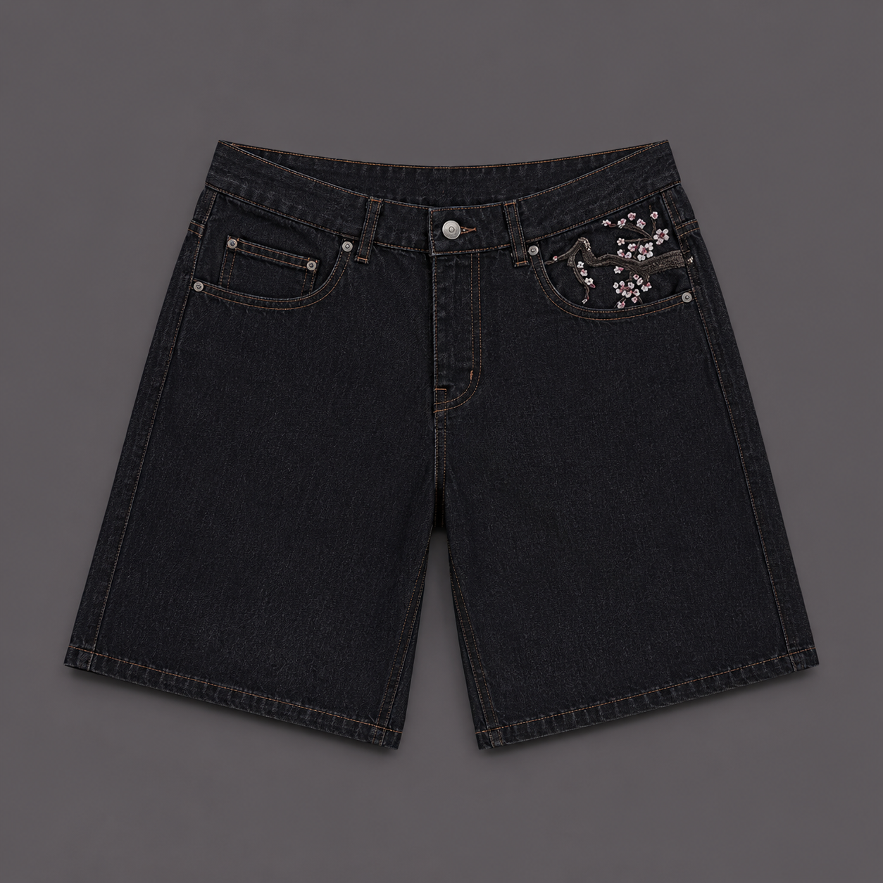 Cherry Blossom Embroidered Denim Jorts – Baggy Dark Wash Y2K Streetwear Shorts