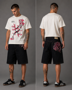 Cherry Blossom Embroidered Denim Jorts – Baggy Dark Wash Y2K Streetwear Shorts