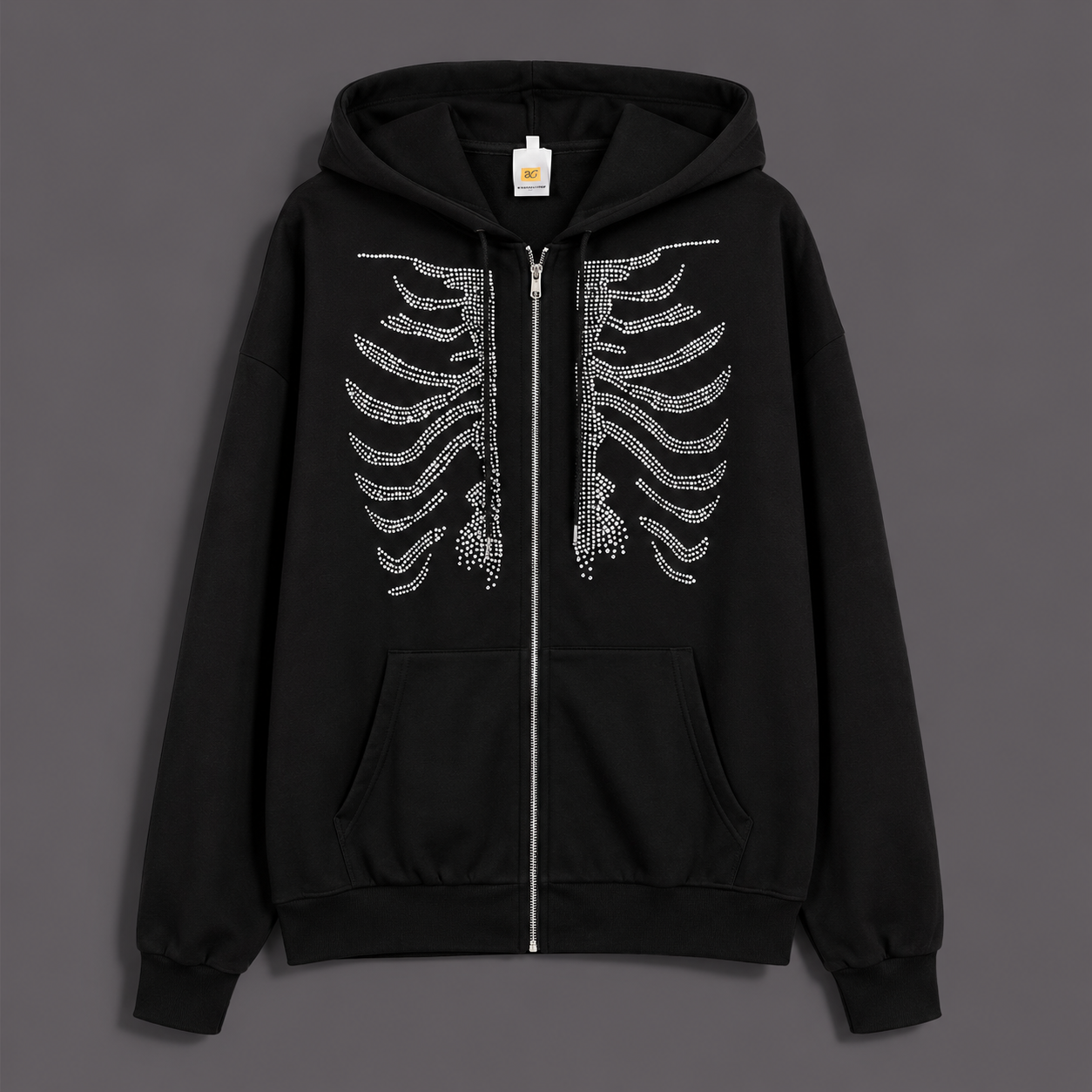 Y2K Skeleton Graphic Zip Up Hoodie Rhinestone