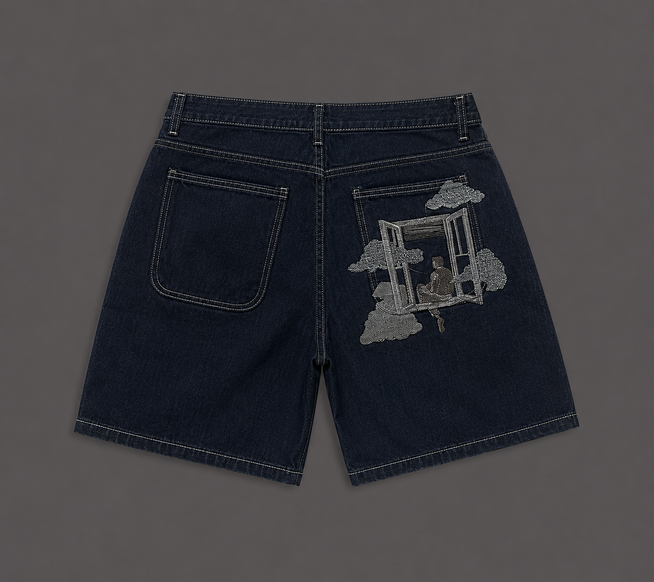 Dream Window Embroidered Denim Jorts – Baggy Dark Wash Streetwear Shorts