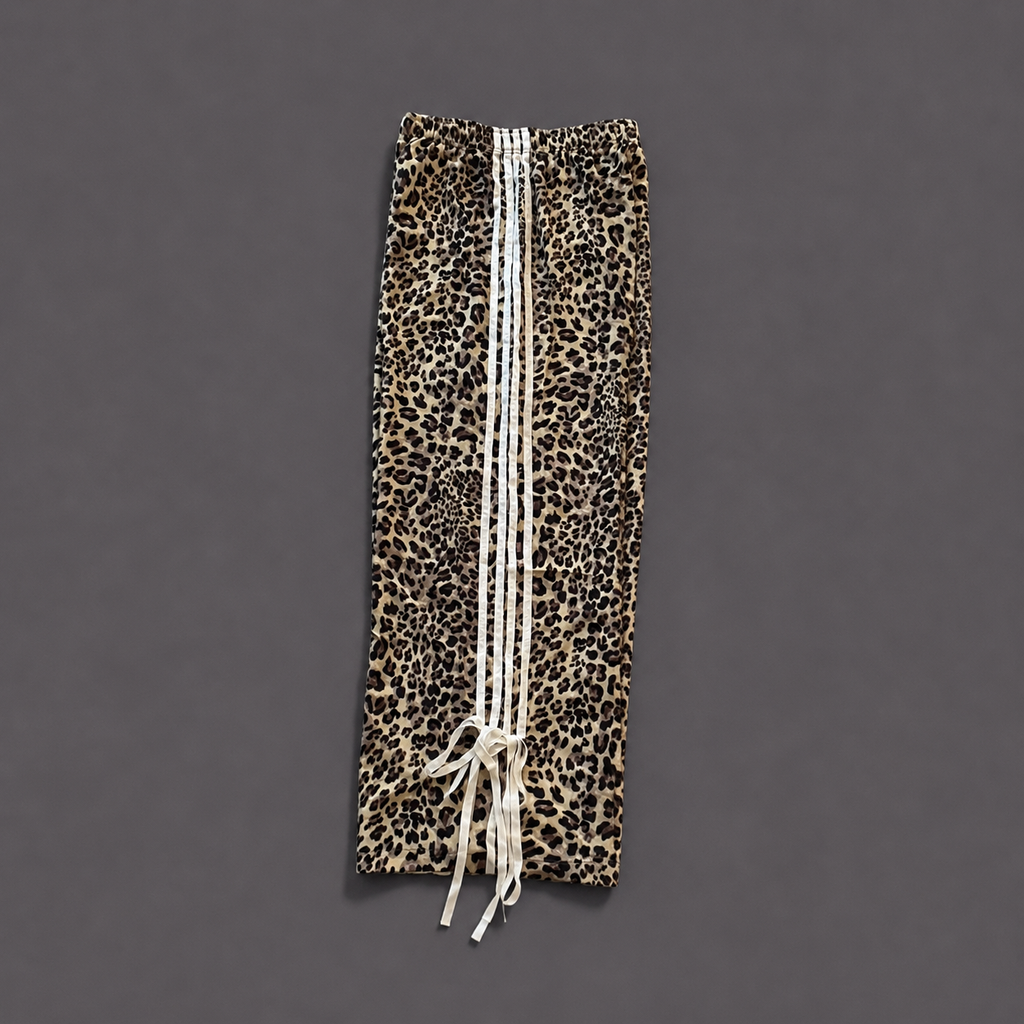 Leopard Print Wide Leg Bow Tie Track Pants