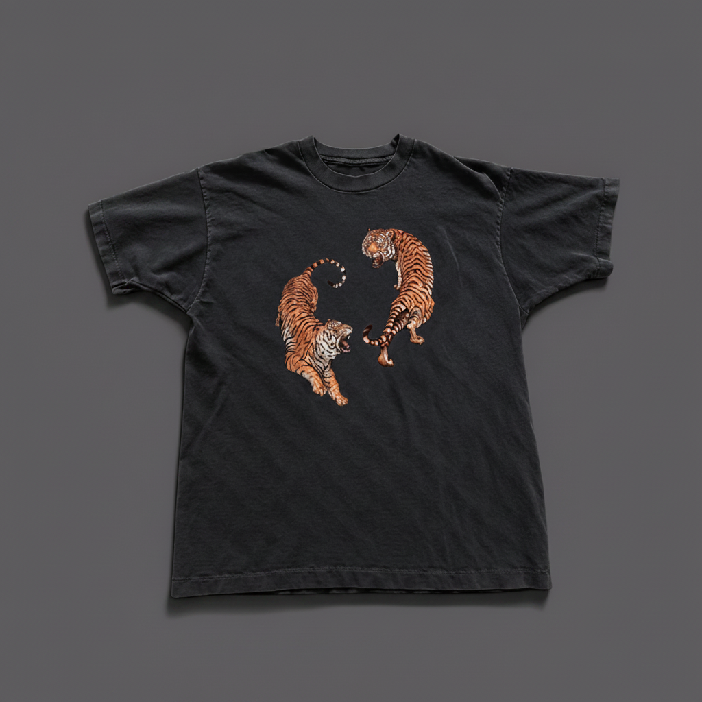 Women’s Vintage Style Twin Tiger Graphic Tee – Washed Black Streetwear Shirt