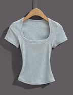 Women's Gray U-Shaped Collar Short Sleeve Shirt