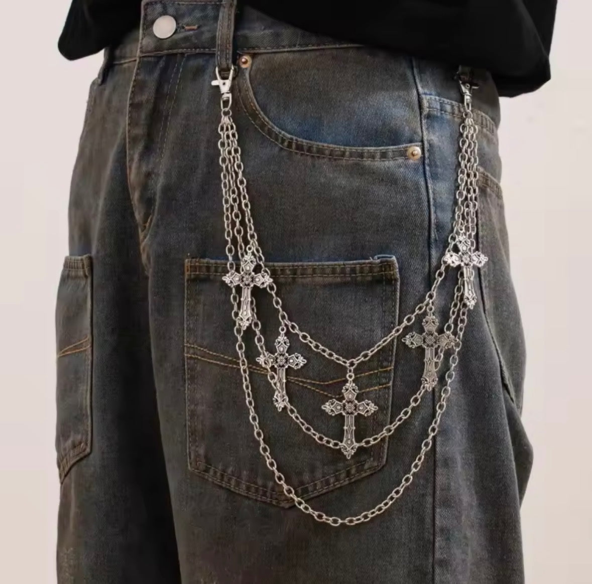 Y2K Gothic Cross Wallet Chain – Multi-Layer Punk Jeans Chain for Men & Women