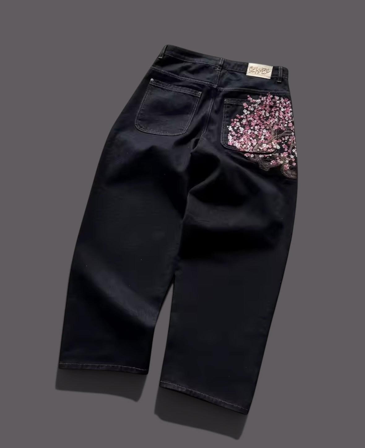 Unisex Y2K Denim Embroidered Cherry Blossom Loose Street Style Jeans