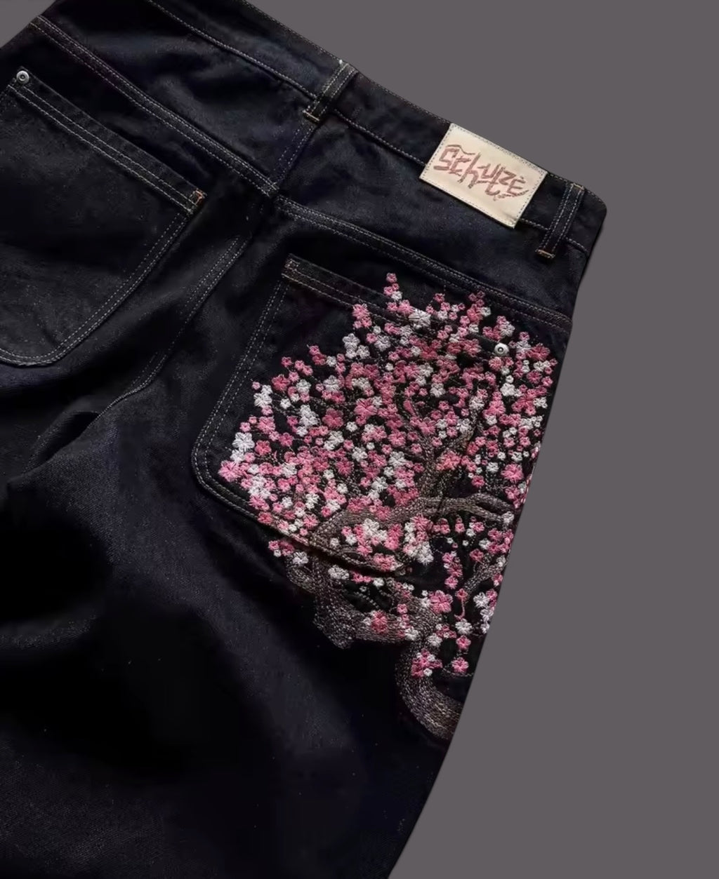 Unisex Y2K Denim Embroidered Cherry Blossom Loose Street Style Jeans