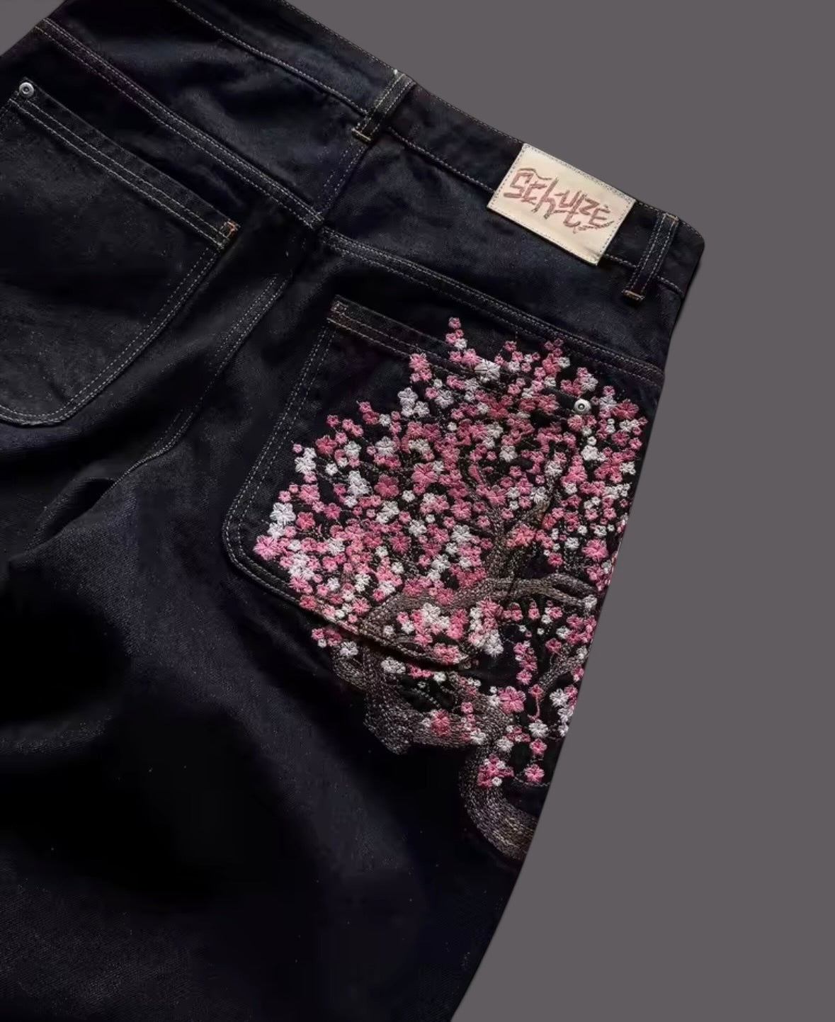 Unisex Y2K Denim Embroidered Cherry Blossom Loose Street Style Jeans