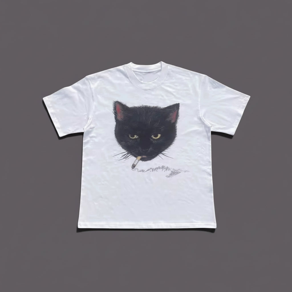 Men's Y2K White Boxy Fit Graphic Cat T-Shirt